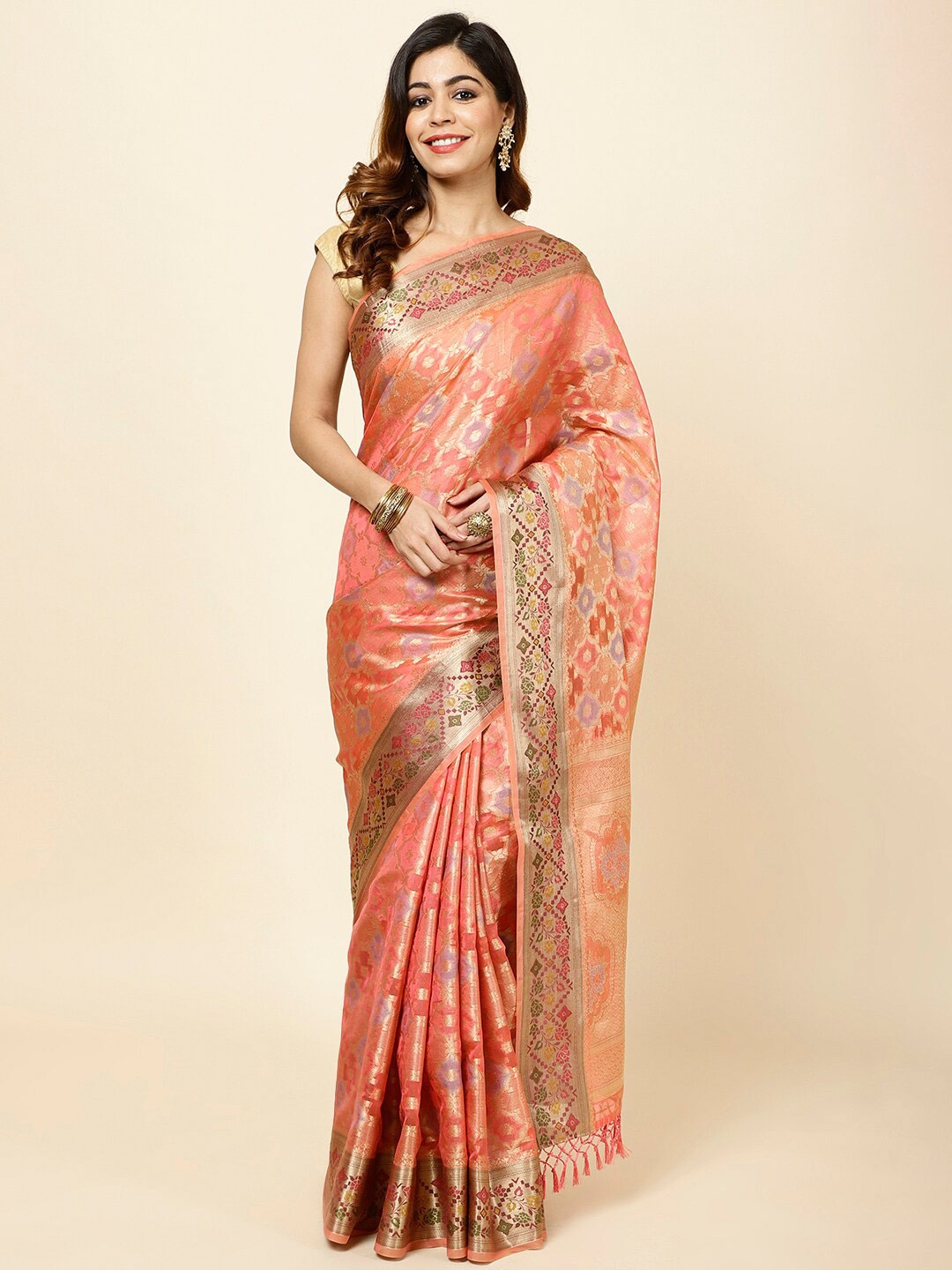 

Meena Bazaar Ethnic Motifs Woven Design Saree, Peach