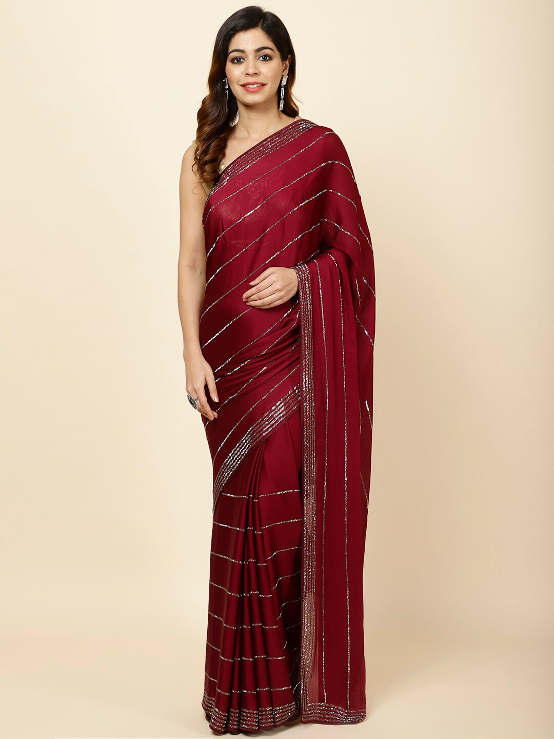 

Meena Bazaar Embellished Chiffon Saree, Burgundy