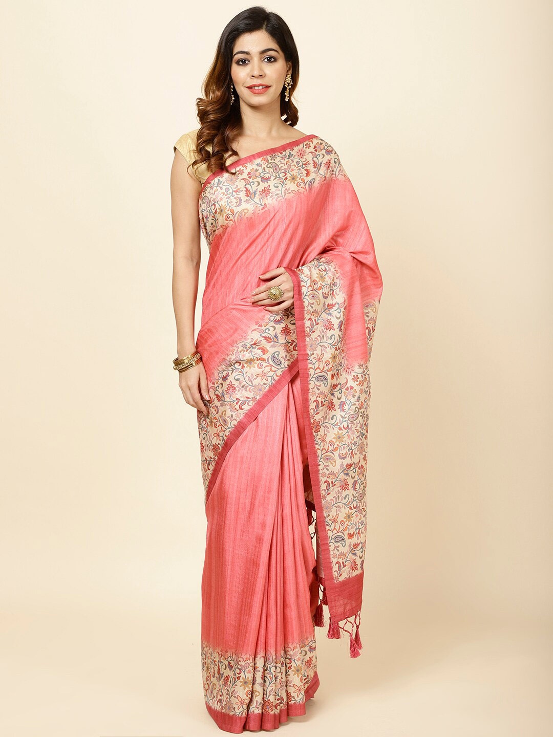 

Meena Bazaar Paisley Printed Border Tussar Saree, Pink