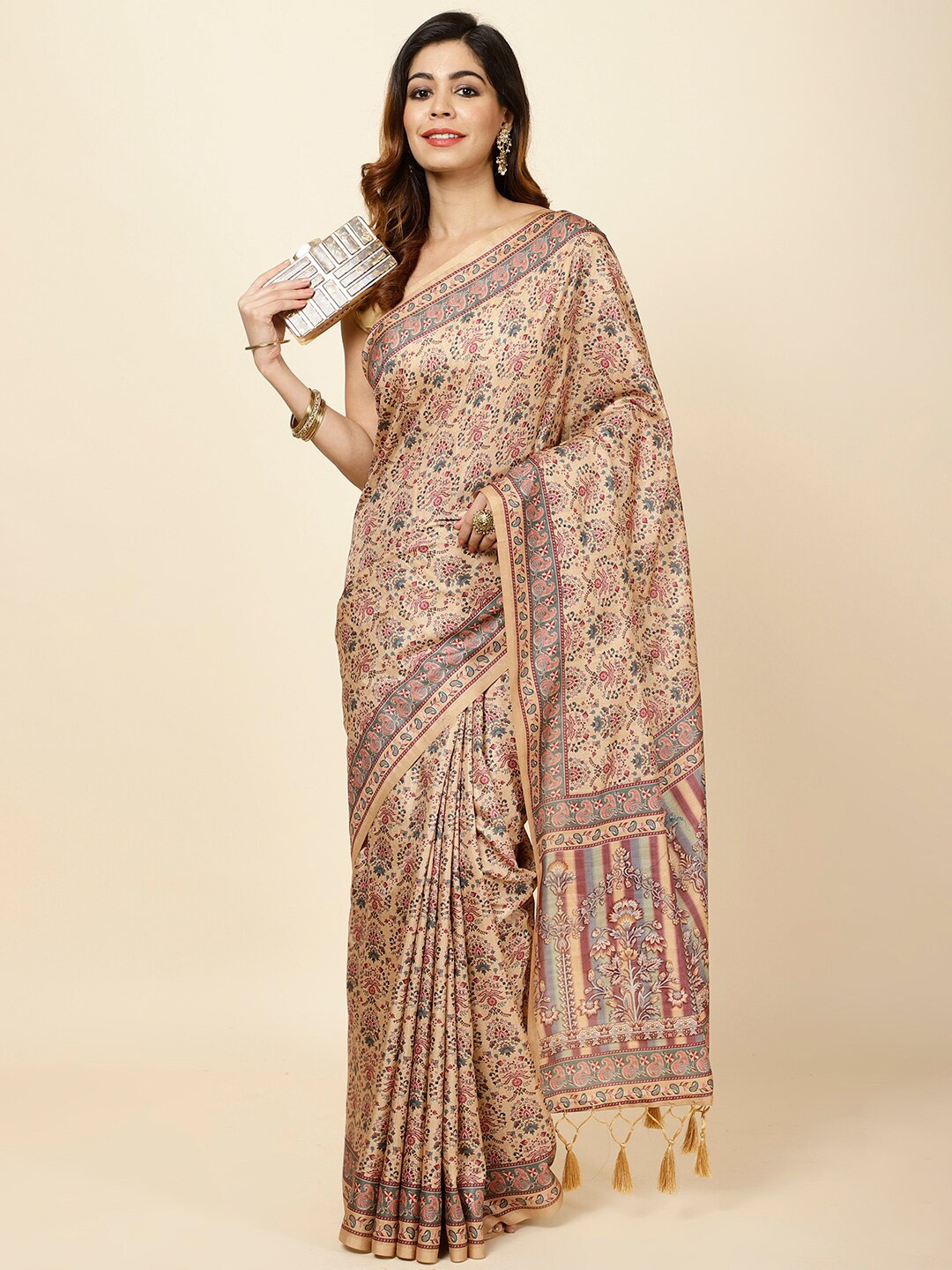

Meena Bazaar Ethnic Motifs Printed Tussar Saree, Mustard