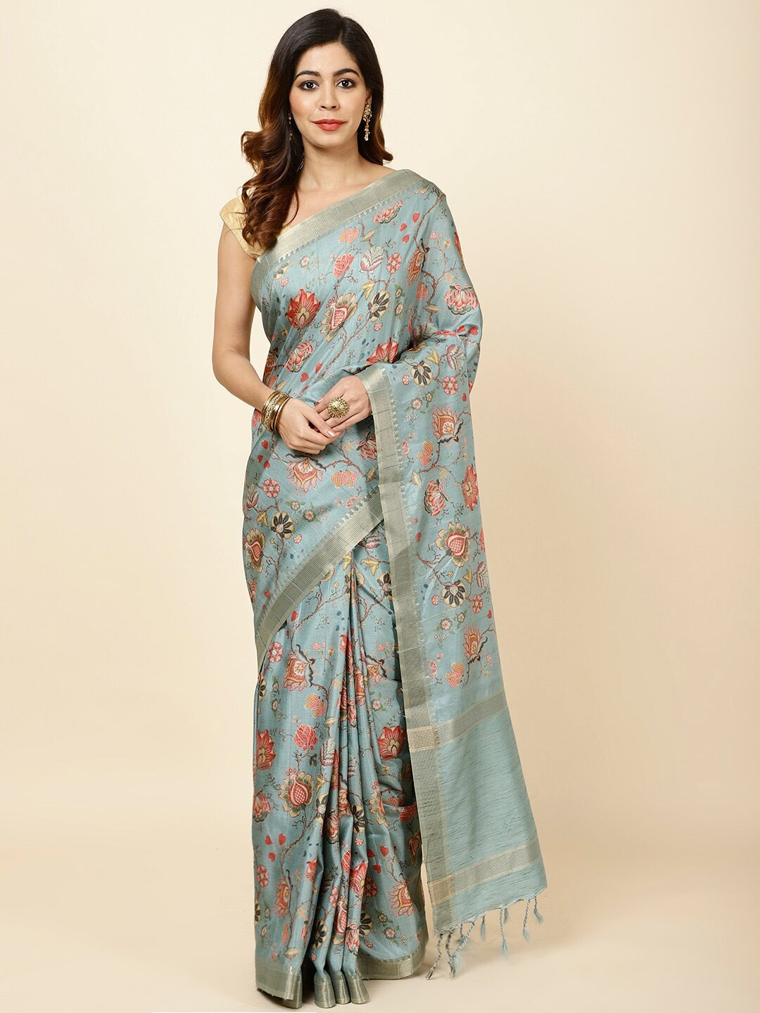 

Meena Bazaar Floral Printed Zari Tussar Saree, Green