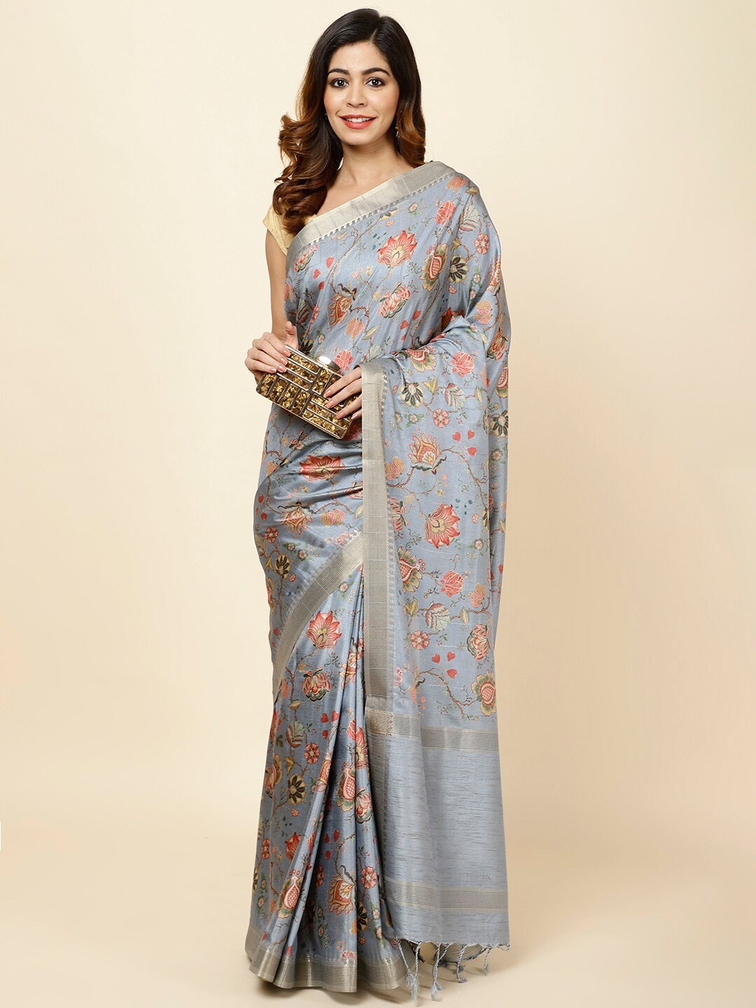 

Meena Bazaar Floral Printed Art Silk Tussar Saree, Grey