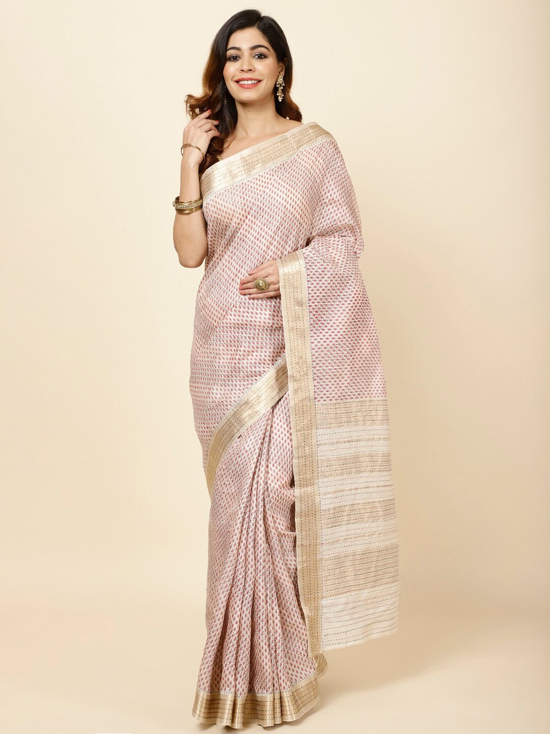 

Meena Bazaar Ethnic Motifs Printed Kantha Work Tussar Saree, Maroon