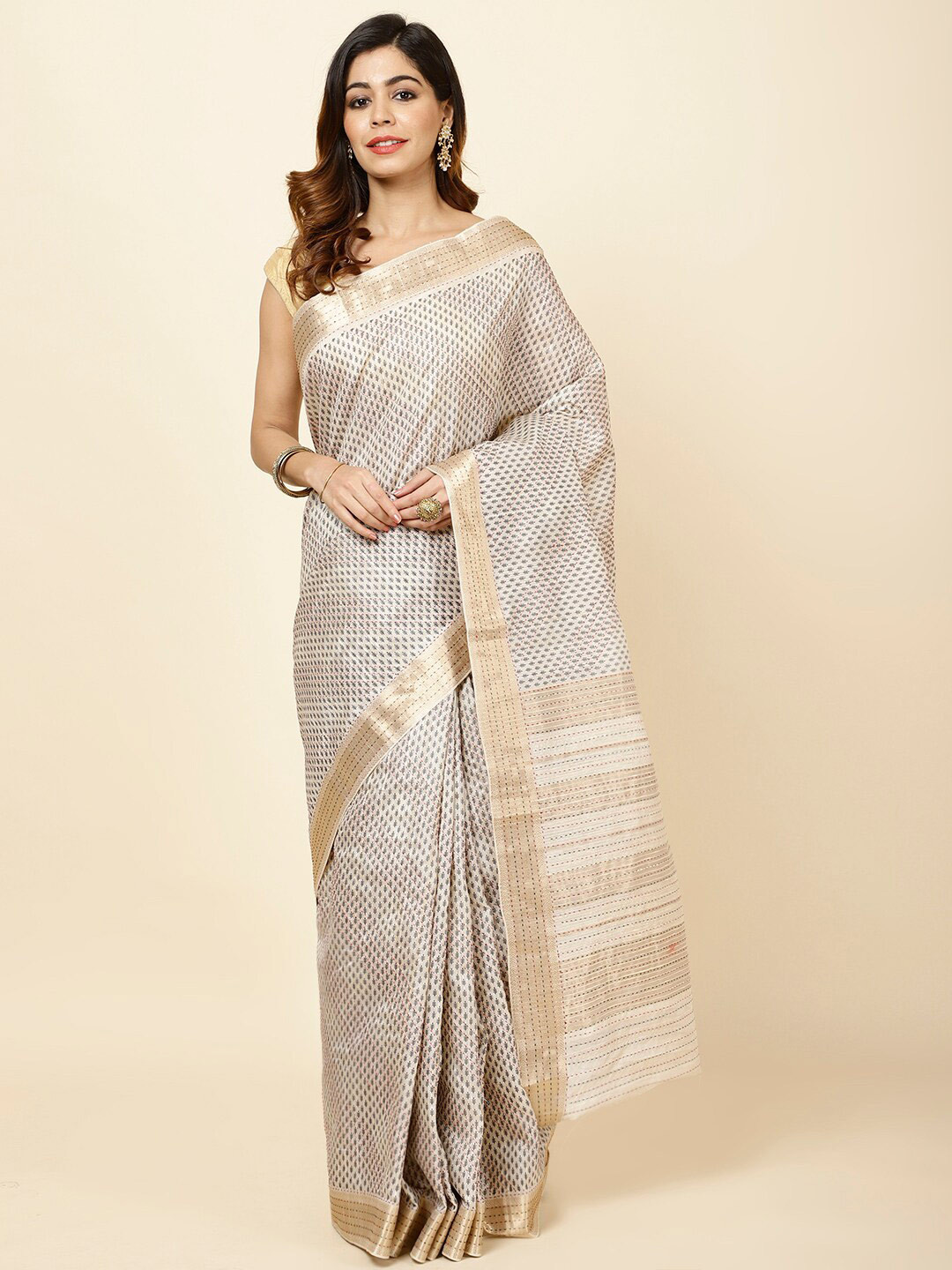

Meena Bazaar Ethnic Motifs Printed Kantha Work Tussar Saree, Black