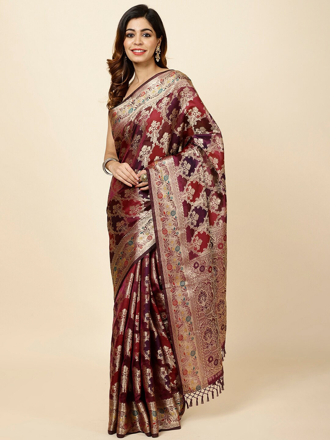 

Meena Bazaar Ethnic Motifs Woven Design Art Silk Saree, Burgundy
