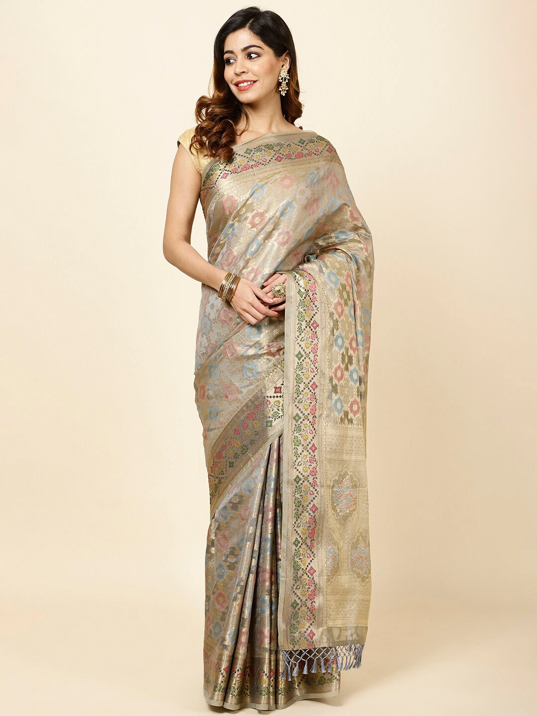 

Meena Bazaar Ethnic Motifs Printed Zari Saree, Grey