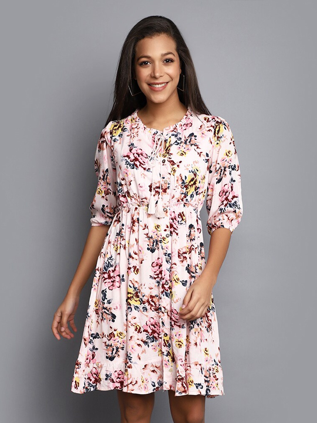 

V-Mart Floral Printed Tie Up Neck Puff Sleeves Fit & Flare Dress, White