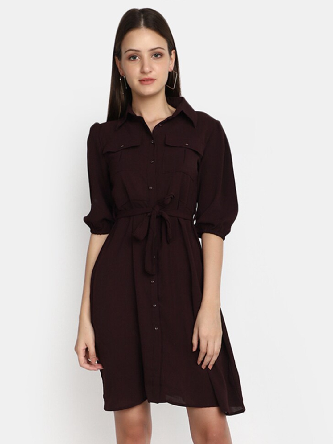 

V-Mart Shirt Collar Puff Sleeves Shirt Dress, Maroon
