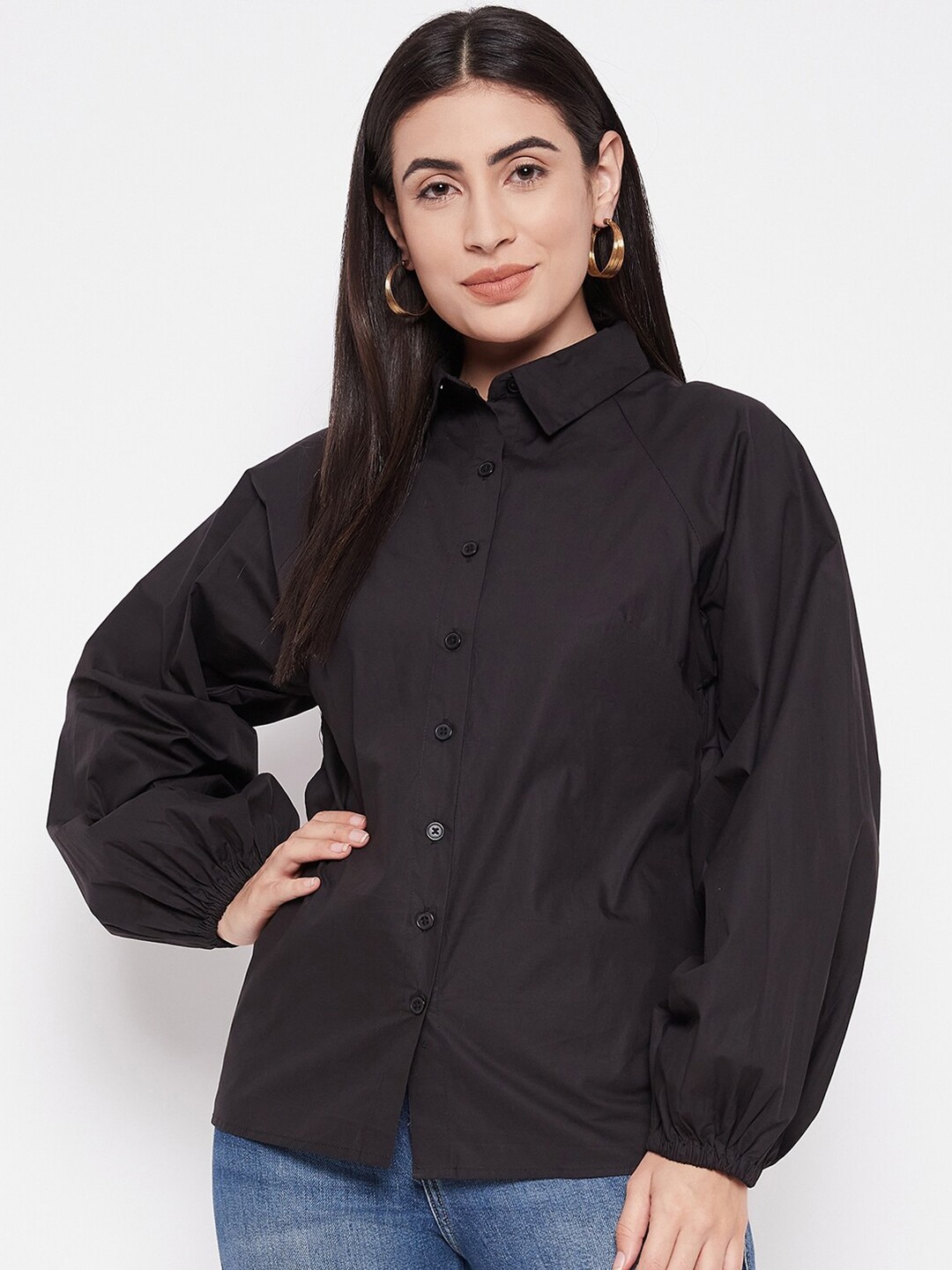 

BAESD Classic Spread Collar Puff Sleeves Cotton Casual Shirt, Black