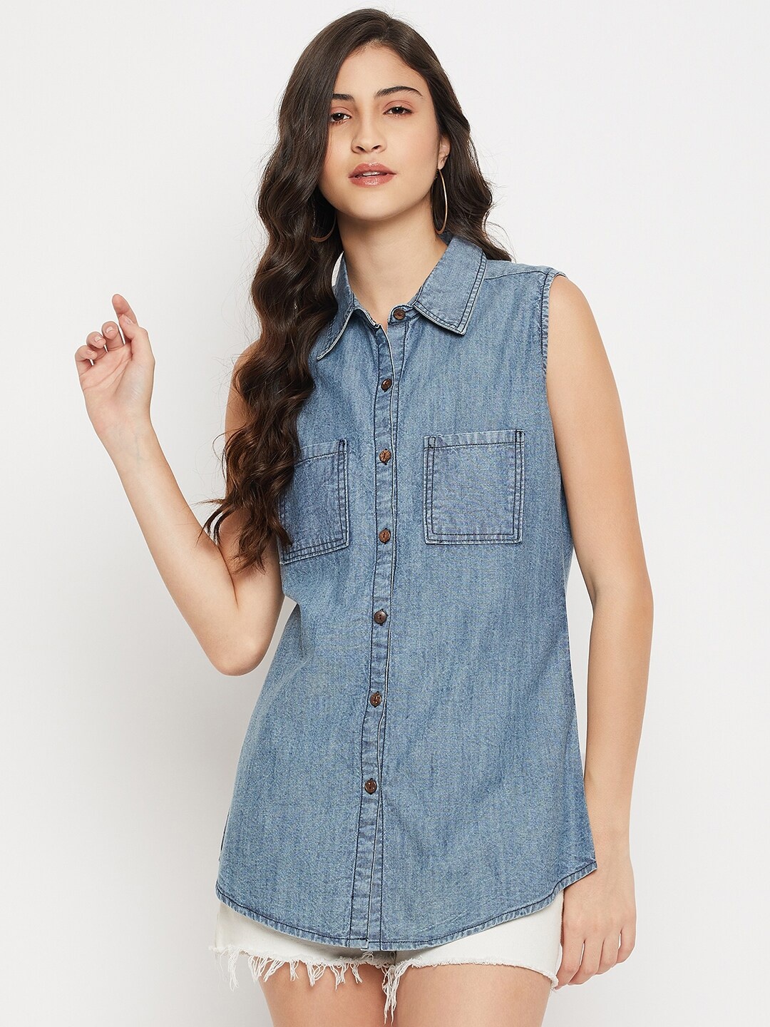 

BAESD Spread Collar Cotton Longline Casual Shirt, Blue