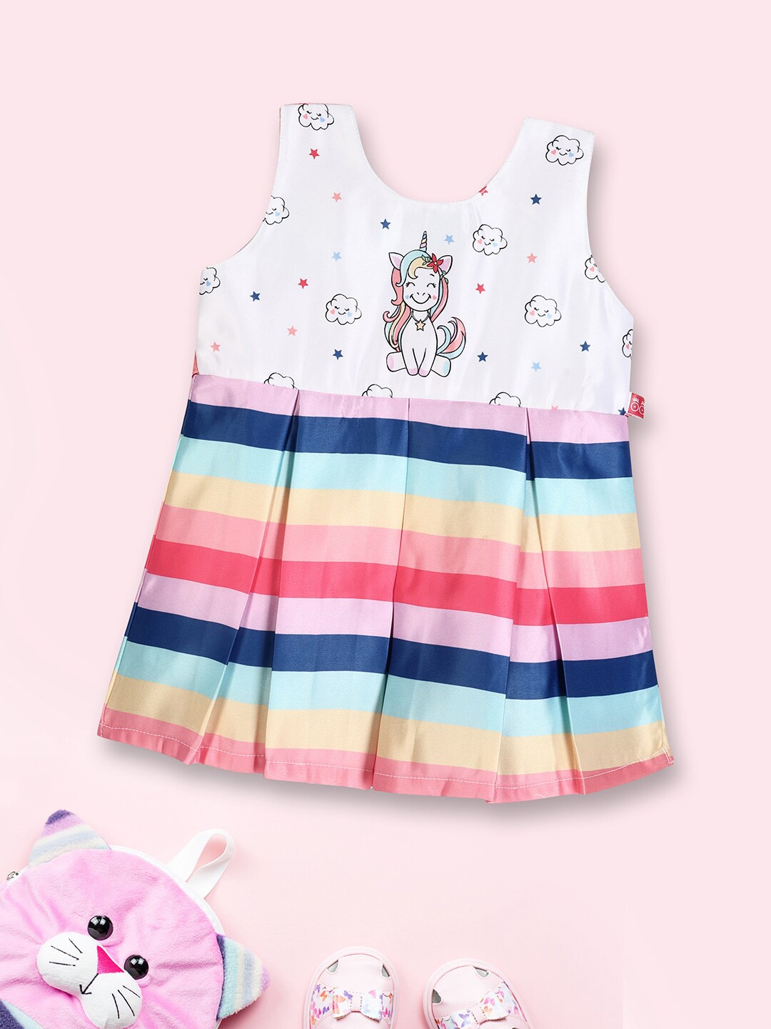 

V-Mart Girls Striped Sleeveless Cotton Fit & Flare Dress, White