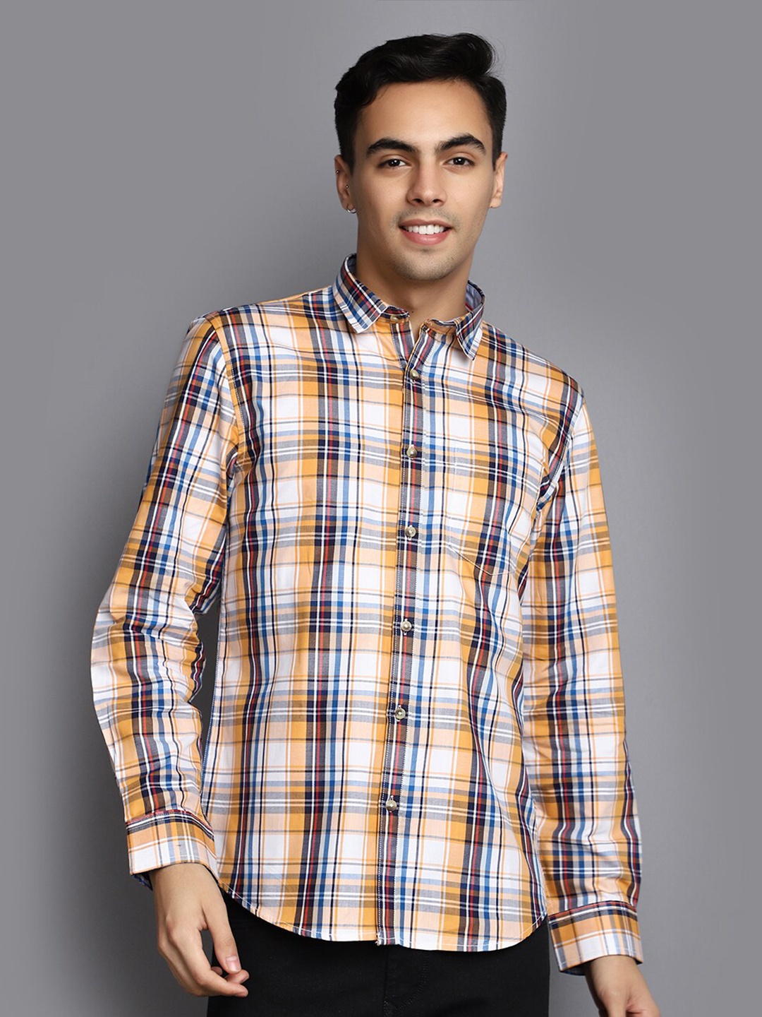 

V-Mart Tartan Checked Spread Collar Long Sleeve Pocket Cotton Regular Fit Shirt, Multi