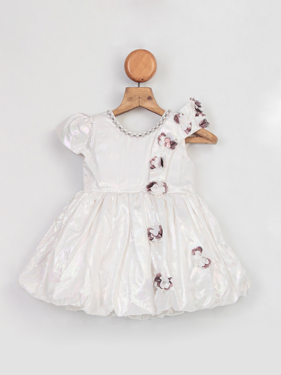 

Enfance Girls Embellished Puff Sleeves Net Fit & Flare Dress, White