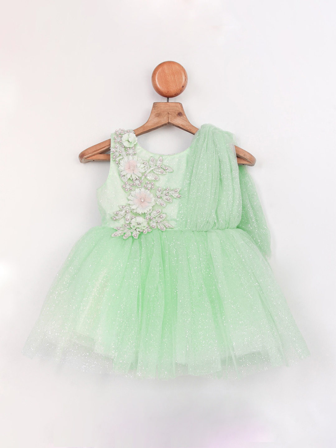 

Enfance Girls Floral Embellished Sleeveless Net Fit & Flare Dress, Green