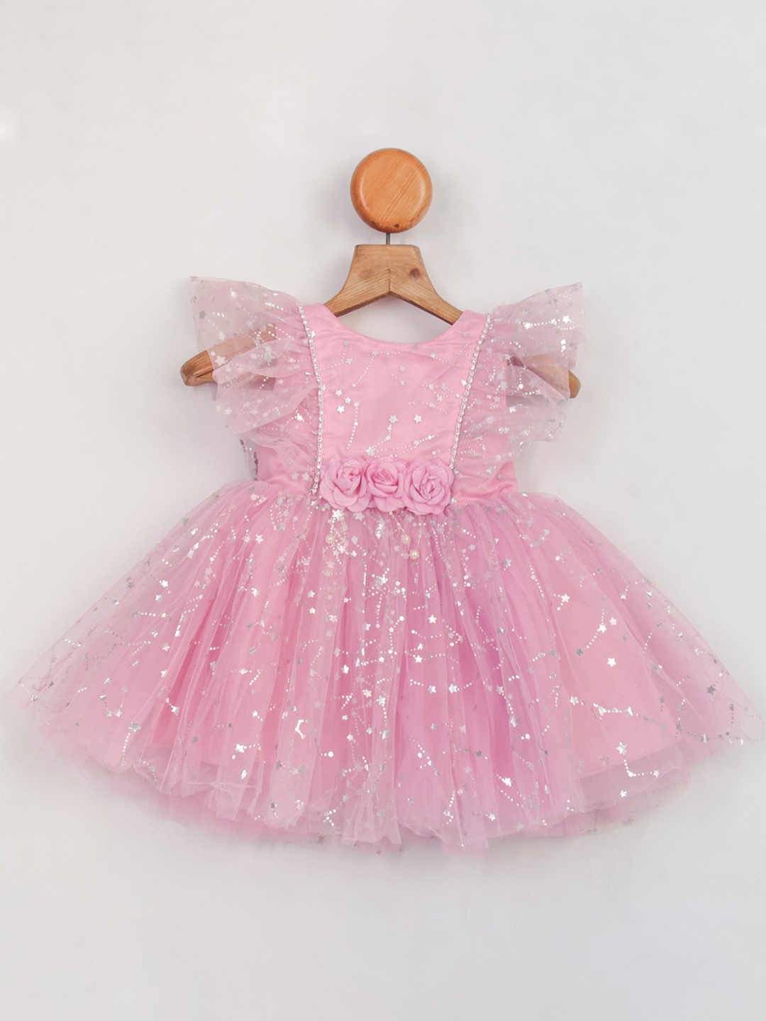 

Enfance Girls Embellished Flutter Sleeves Gathered Net Fit & Flare Dress, Pink