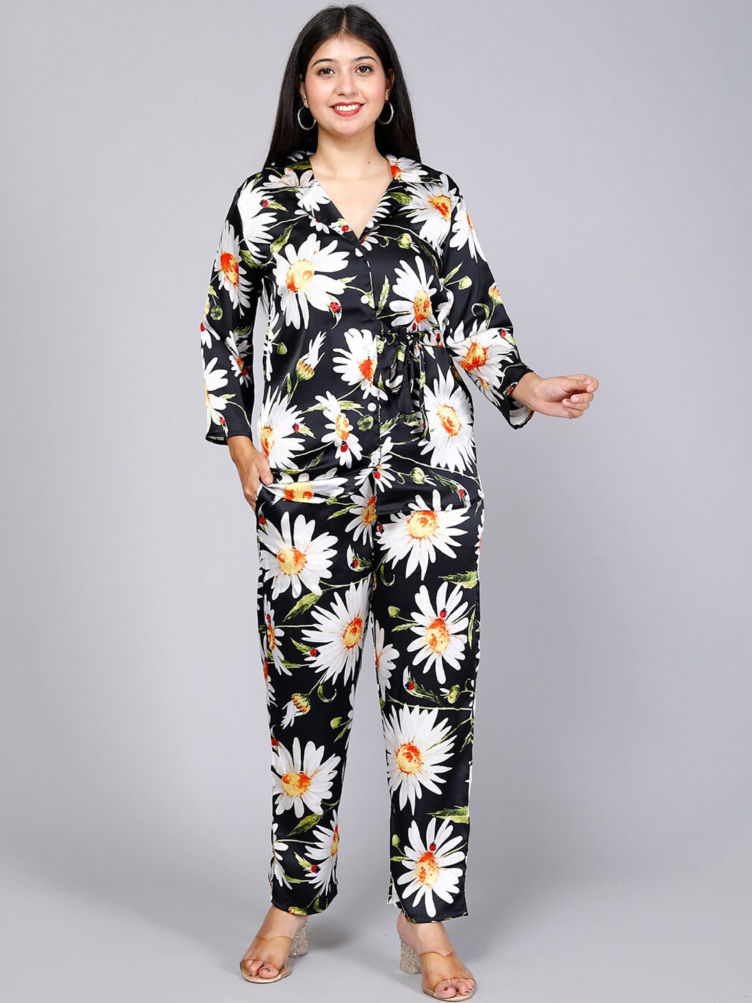 

Jevi Prints Floral Printed Lapel Collar Shirt With Trousers, Black