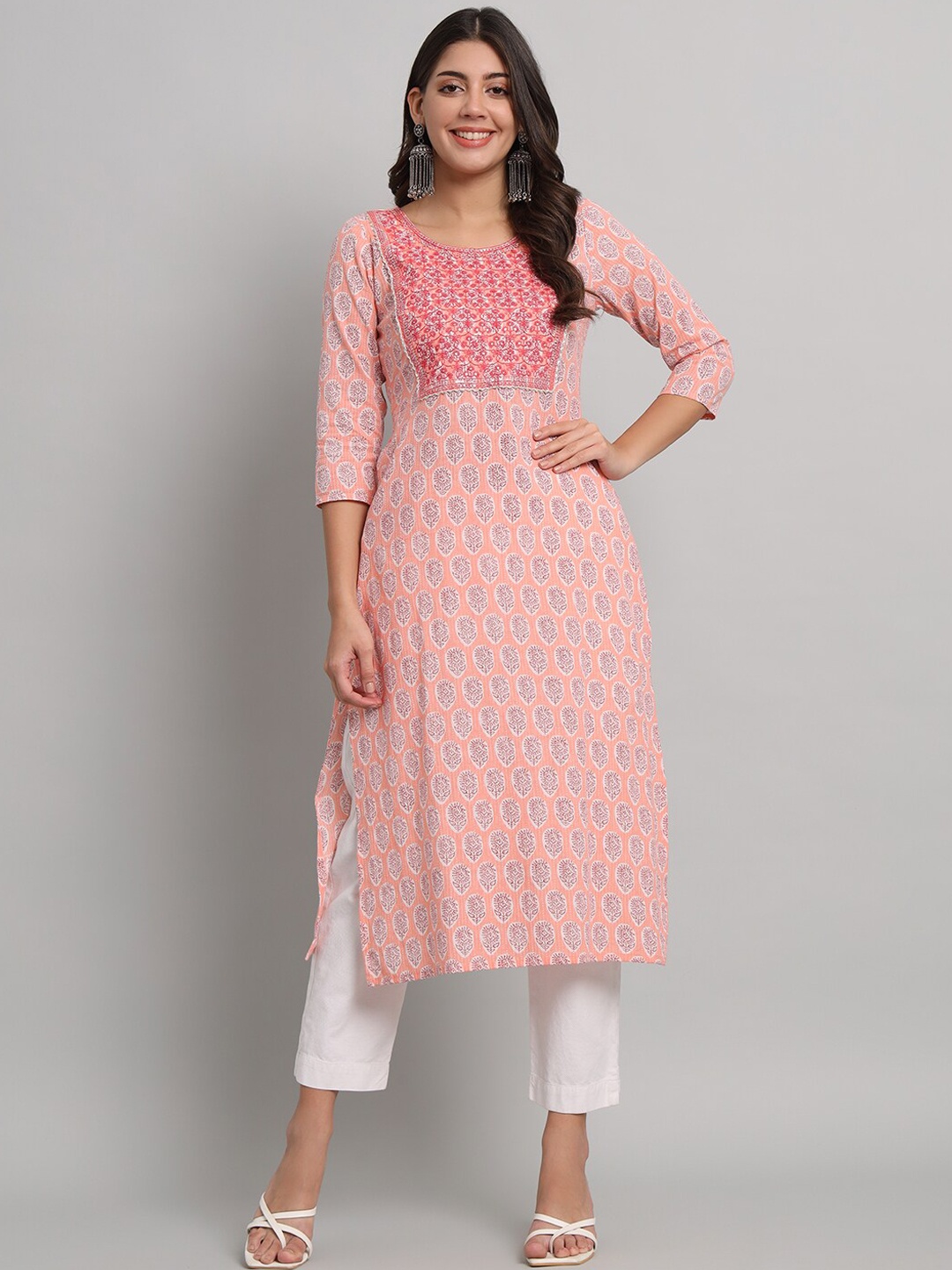 

RANGMAYEE Ethnic Motifs Printed Sequinned Cotton Kurta, Peach