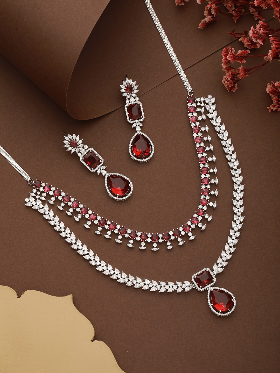 

Saraf RS Jewellery Sliver-Plated American Diamond-Studded & Beaded Necklace & Earrings, Silver