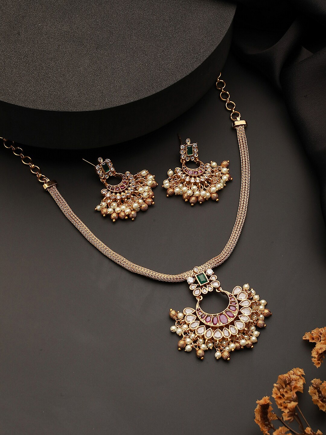 

Saraf RS Jewellery 22K Gold-Plated American Diamond-Studded & Beaded Necklace & Earrings