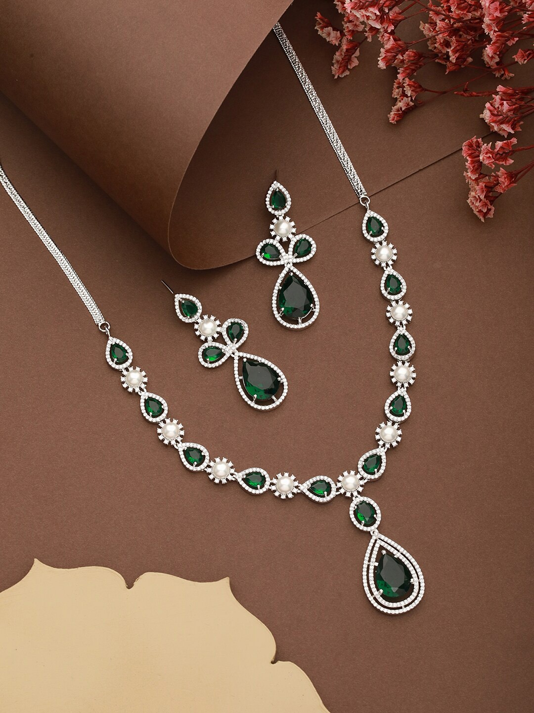 

Saraf RS Jewellery Sliver-Plated AD-Studded & Beaded Jewellery Set, Silver