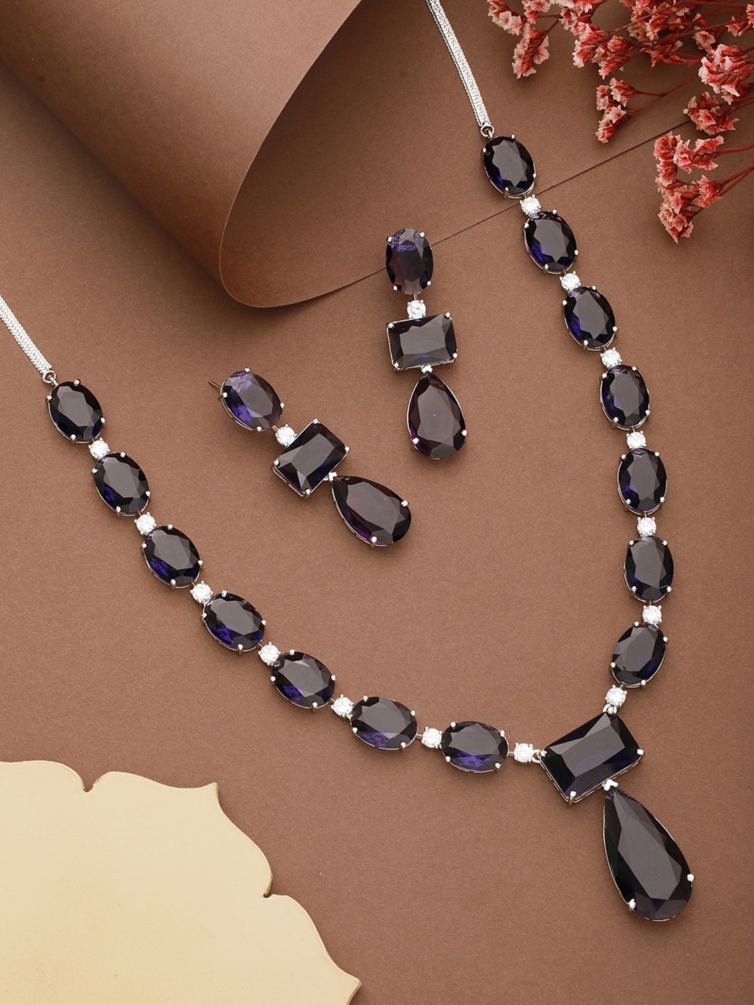

Saraf RS Jewellery Silver-Plated AD-Studded Necklace with Earrings