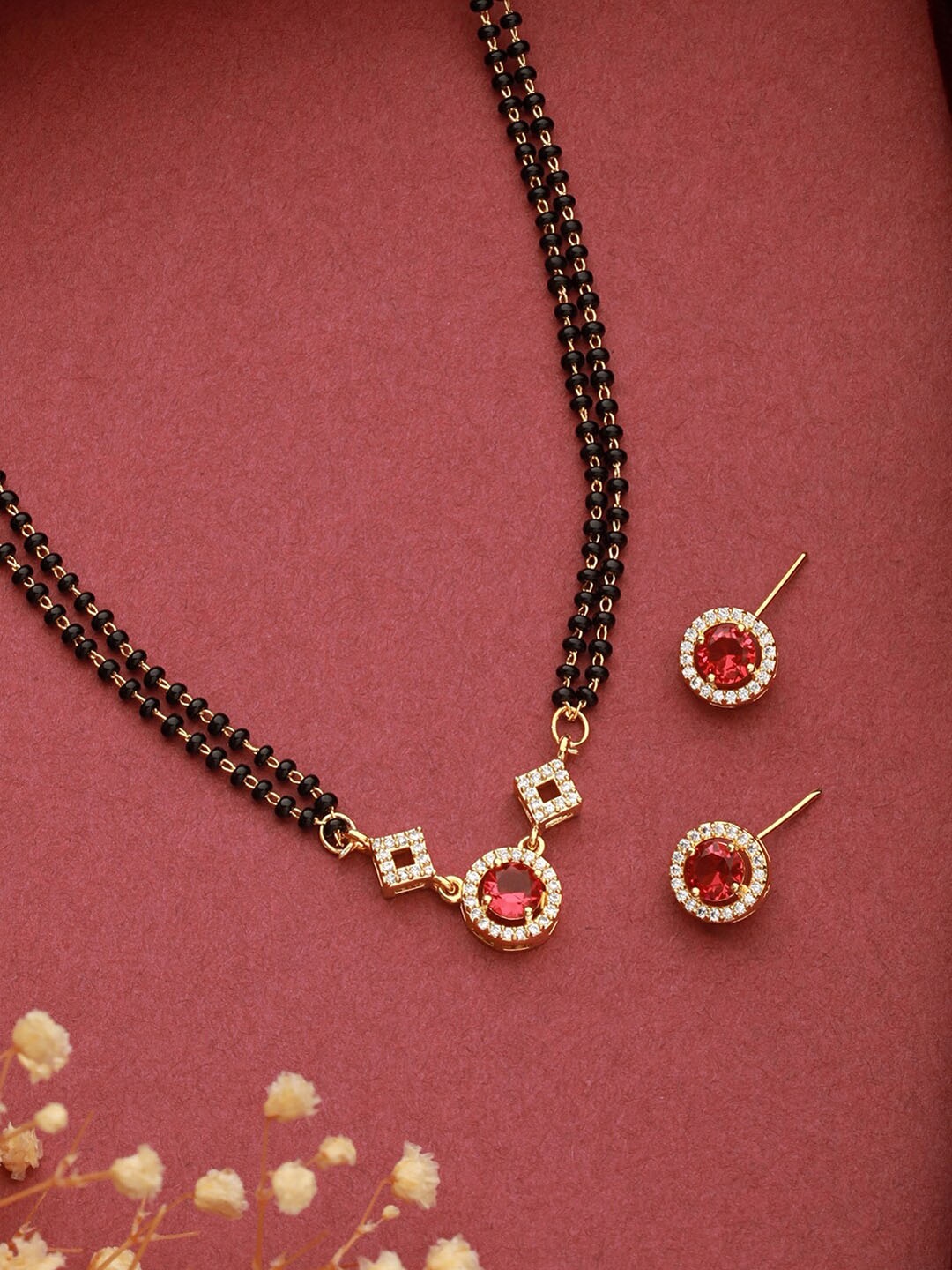 

Saraf RS Jewellery Gold-Plated AD Stone Studded & Beaded Mangalsutra Jewellery Set
