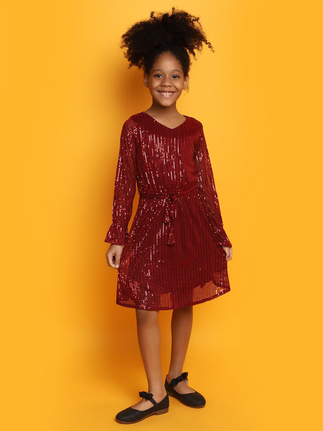 

V-Mart Girls Embellished V-Neck Puff Sleeves Cotton A-Line Dress, Maroon