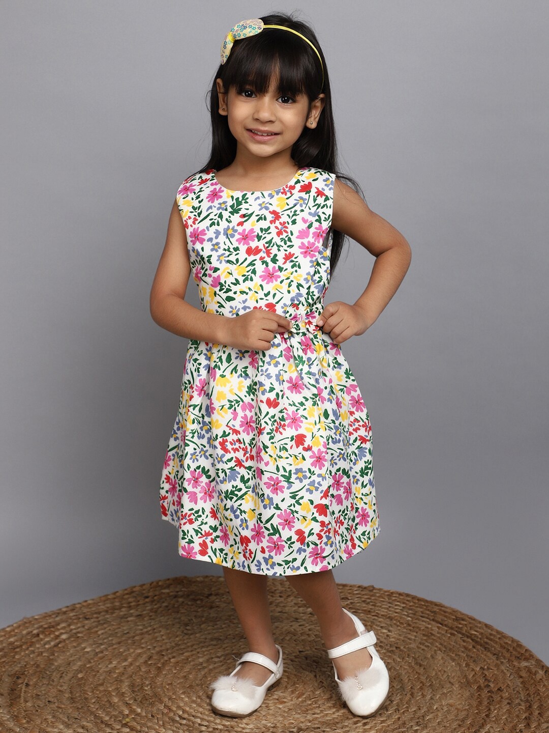 

V-Mart Girls Floral Print Round Neck Sleeveless Cotton Fit & flare Dress, White