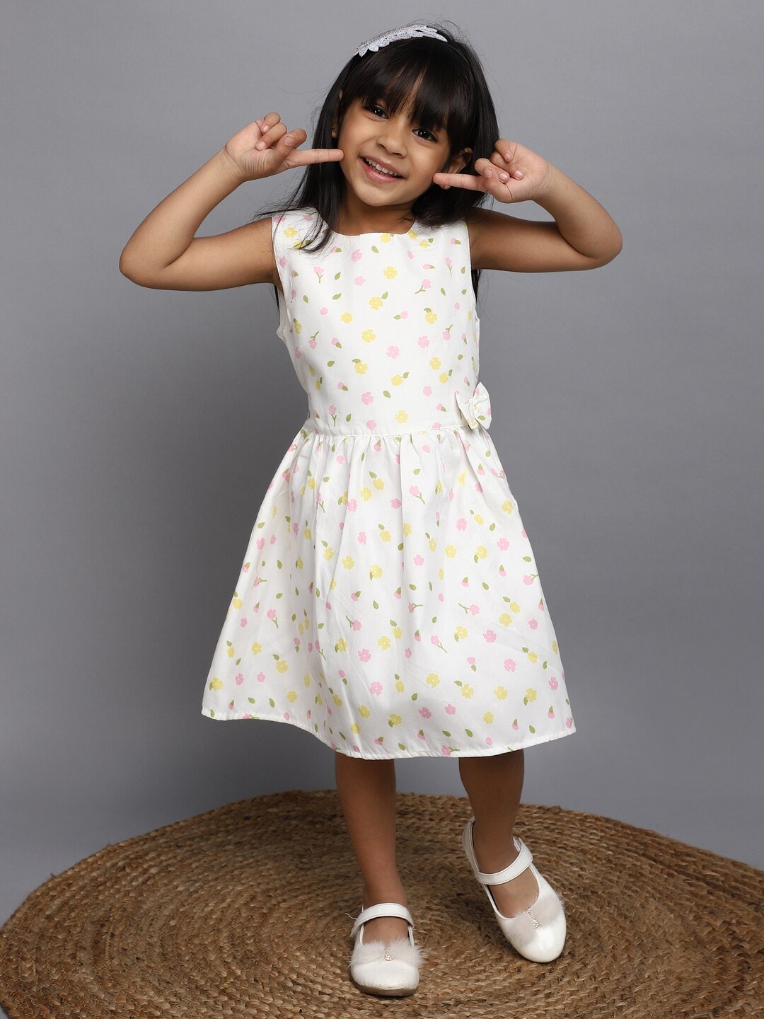 

V-Mart Girls Floral Print Round Neck Sleeveless Cotton Fit & flare Dress, Off white
