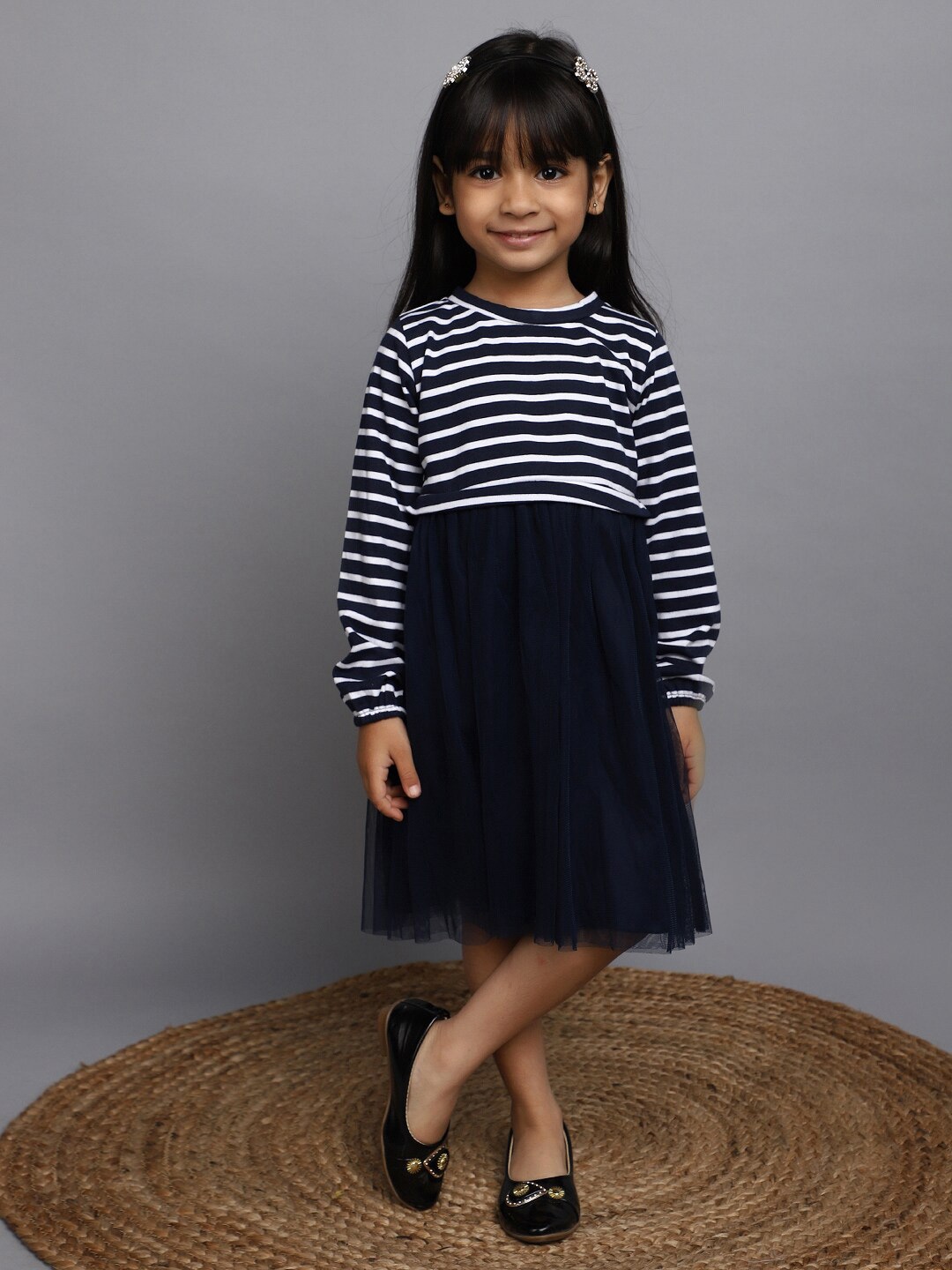 

V-Mart Girls Striped Long Sleeve Fit & Flare Midi Dress, Blue