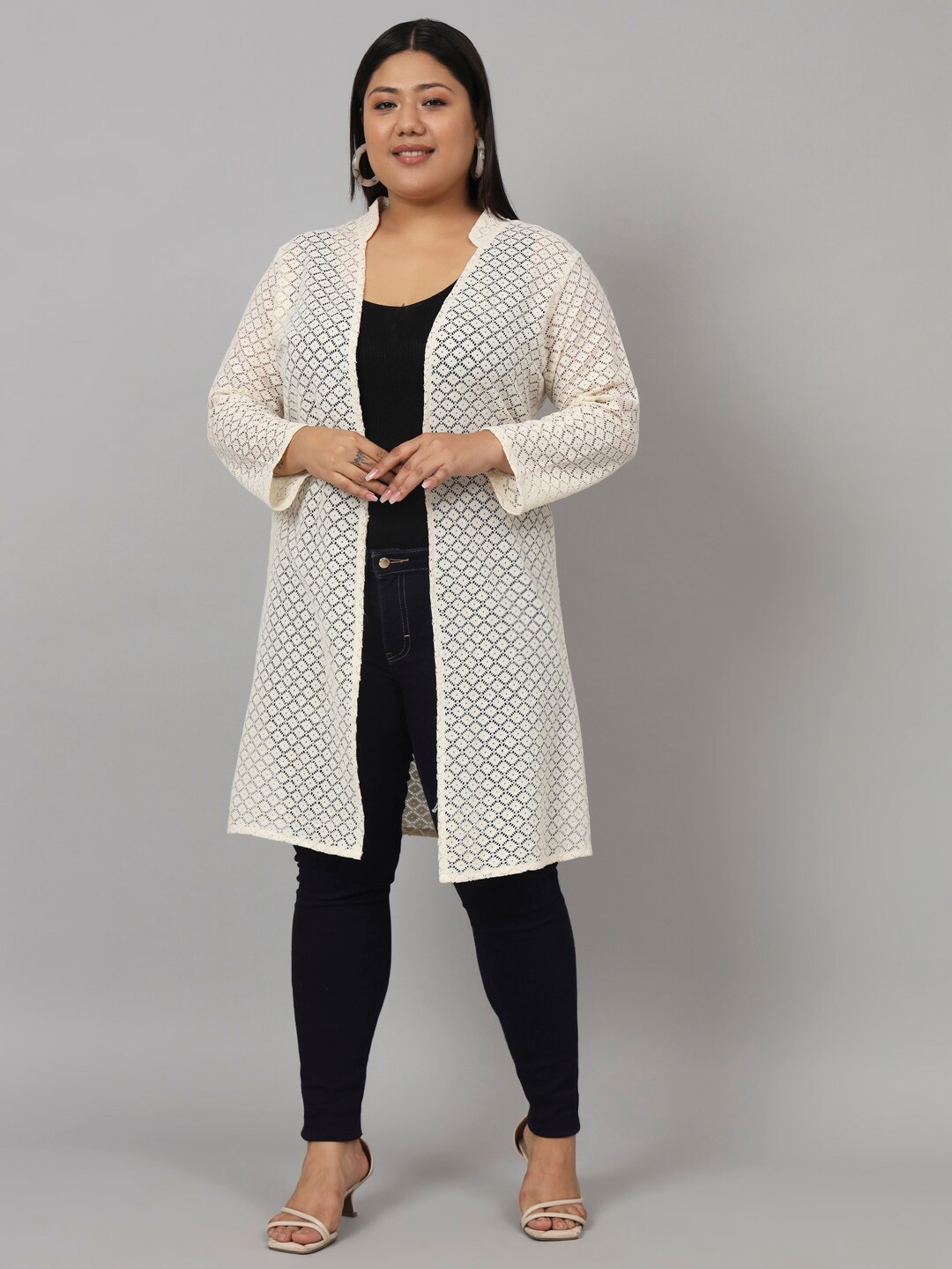 

urSense Plus Size Self Design Longline Cotton Sheer Open Front Shrug, Off white