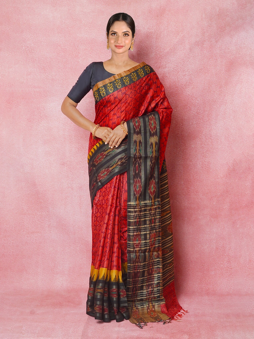 

Unnati Silks Ethnic Motifs Printed Pure Silk Handloom Tussar Saree, Red