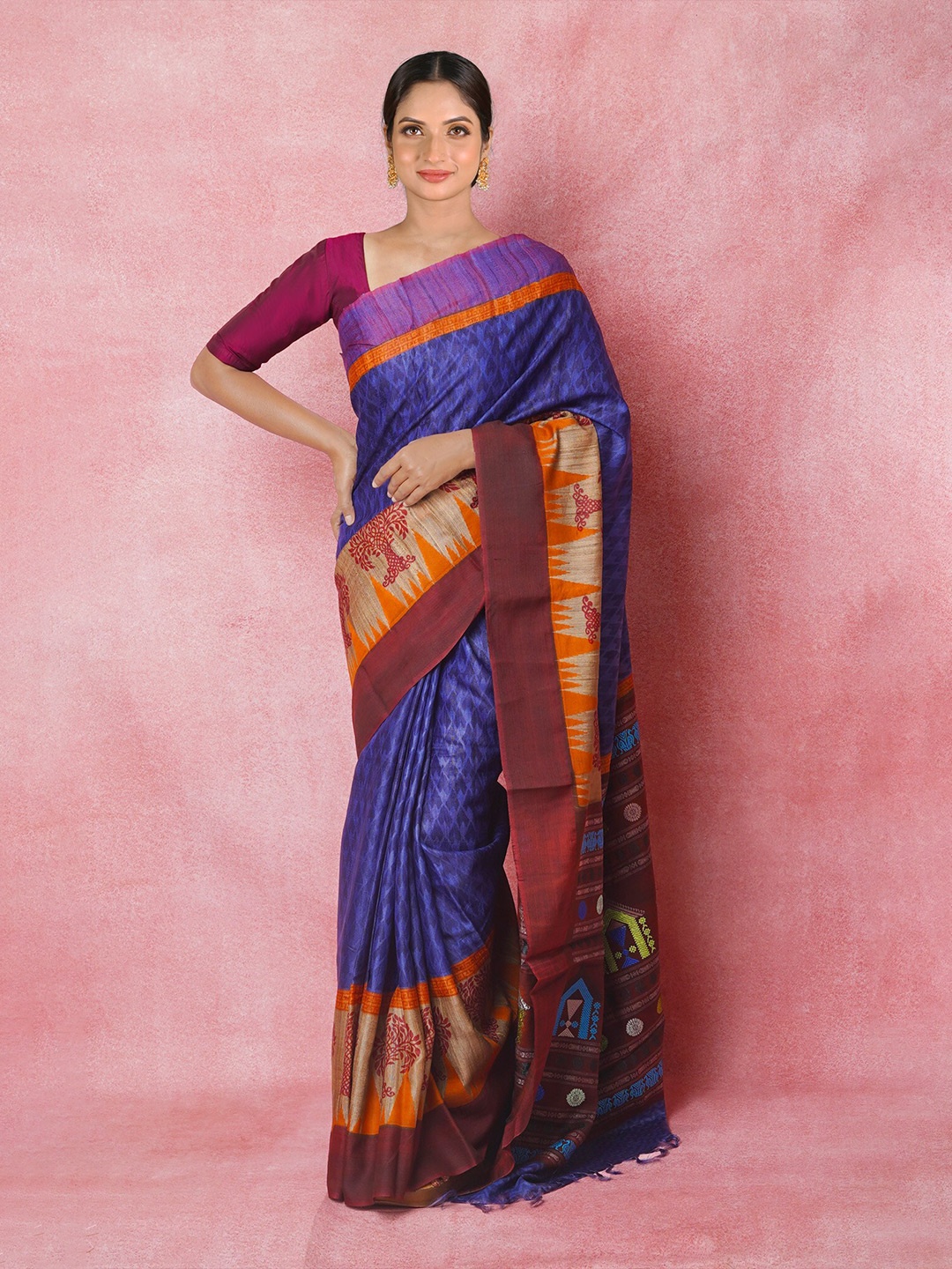 

Unnati Silks Geometric Printed Pure Silk Handloom Tussar Saree, Blue