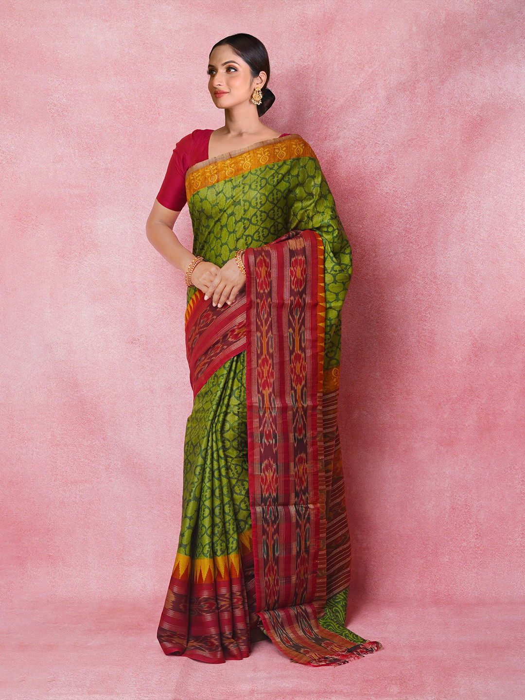 

Unnati Silks Ethnic Motifs Pure Silk Handloom Tussar Saree, Green