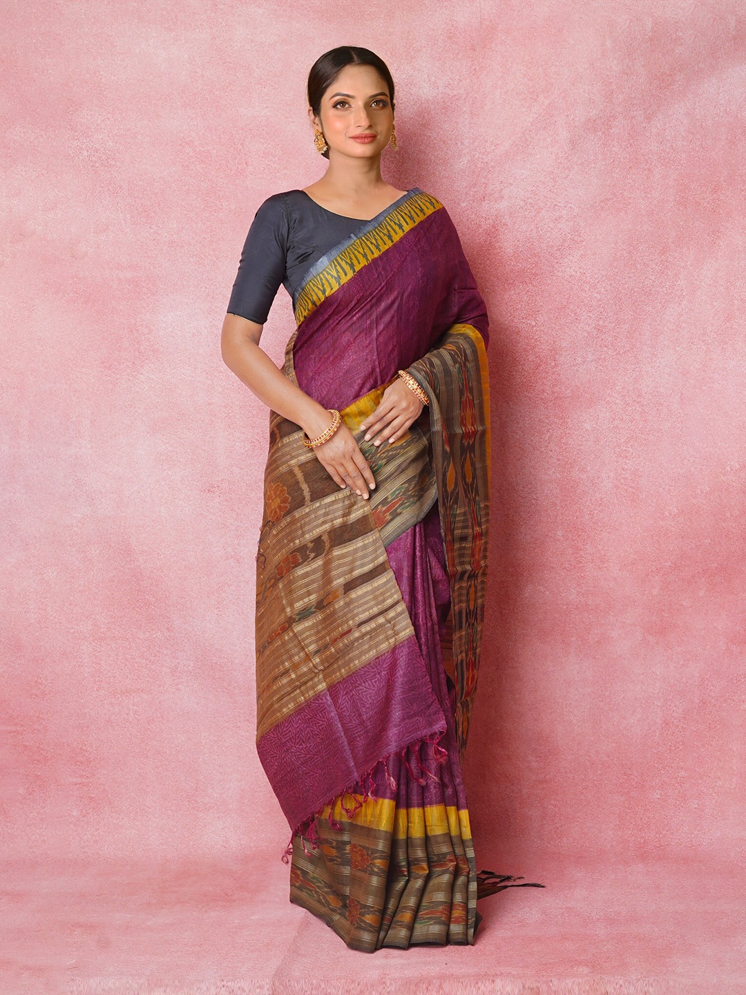 

Unnati Silks Ethnic Motifs Printed Pure Silk Handloom Tussar Saree, Purple