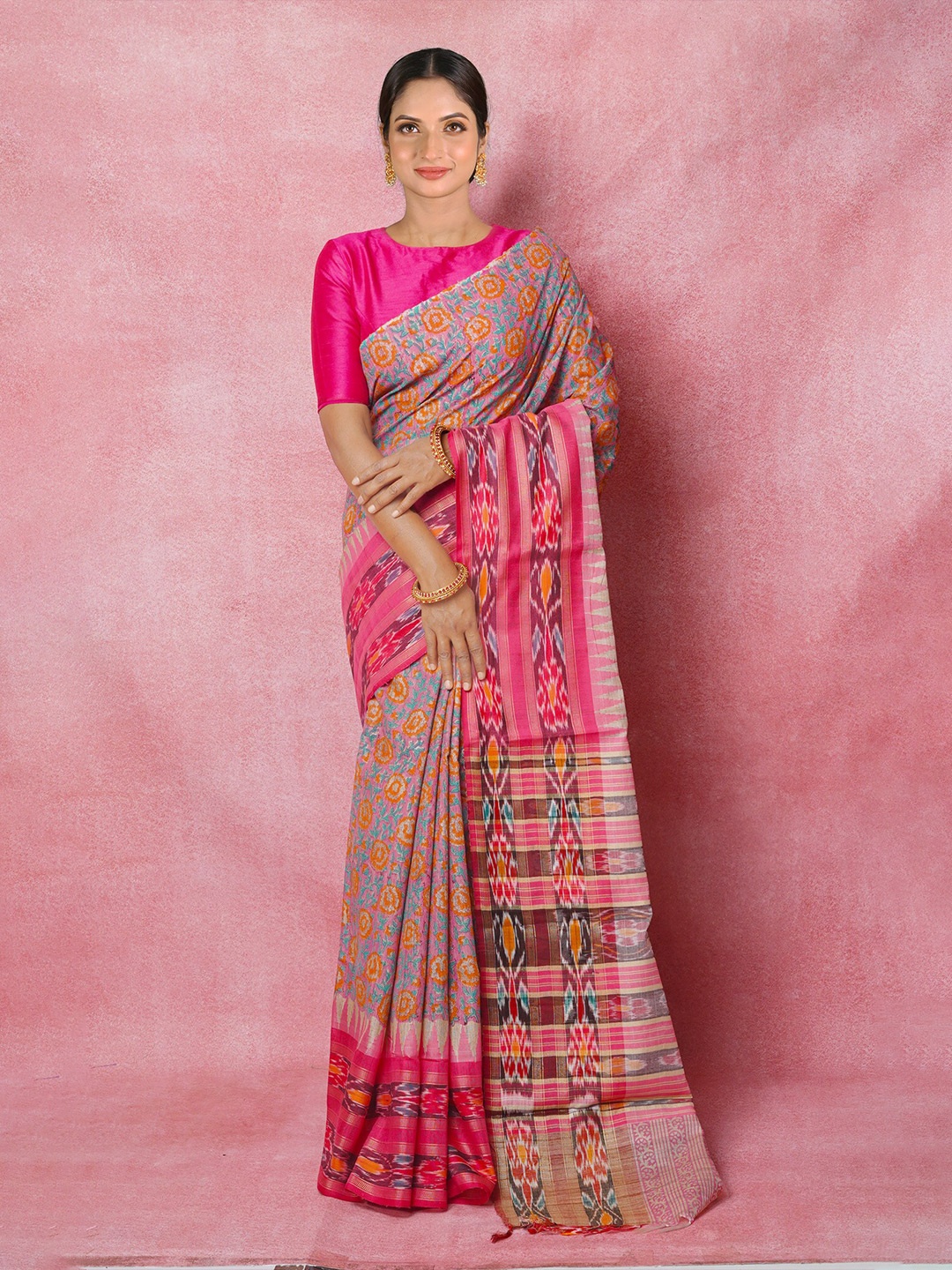 

Unnati Silks Ethnic Motifs Printed Pure Silk Handloom Tussar Saree, Pink