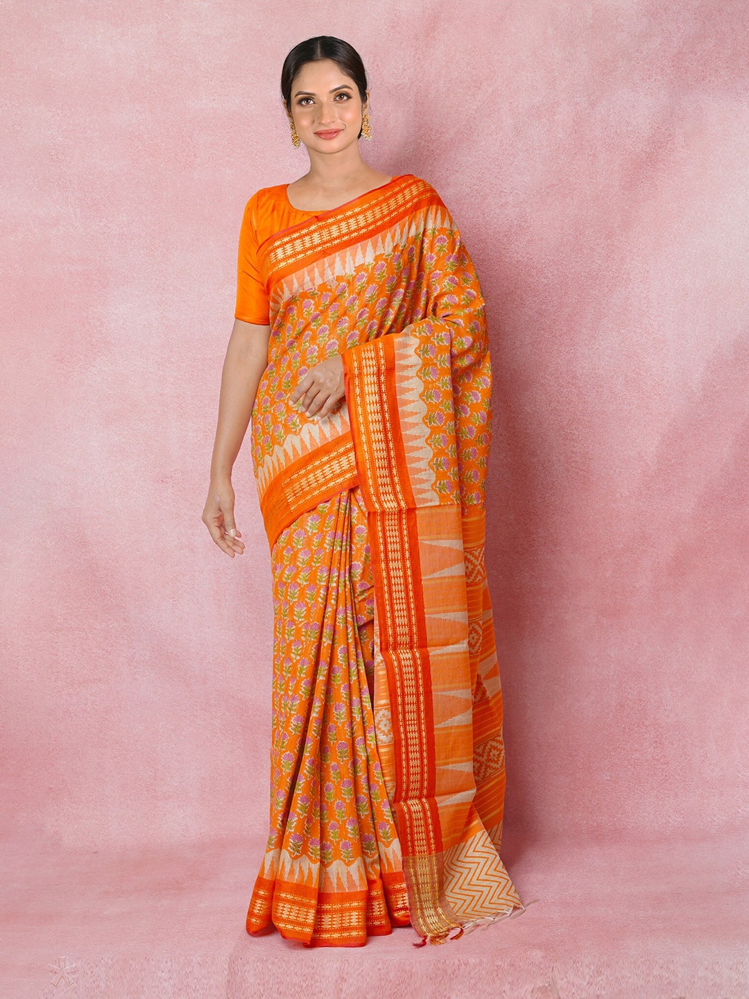 

Unnati Silks Floral Printed Handloom Pure Silk Tussar Saree, Orange