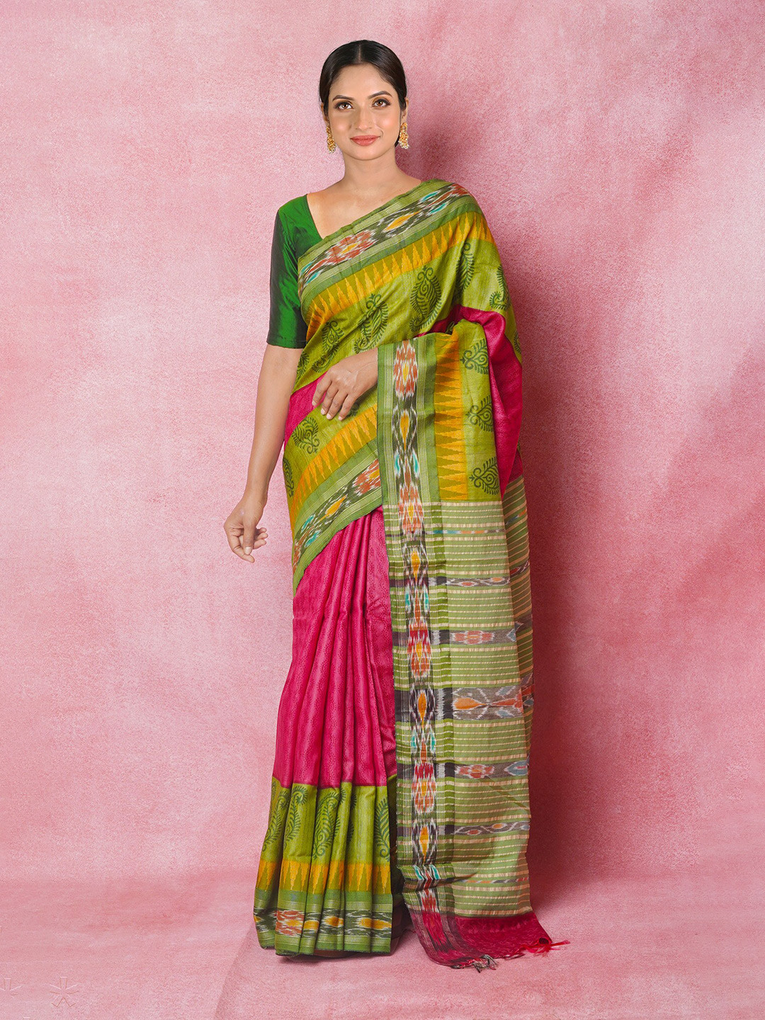 

Unnati Silks Ethnic Motifs Printed Handloom Pure Silk Tussar Saree, Red