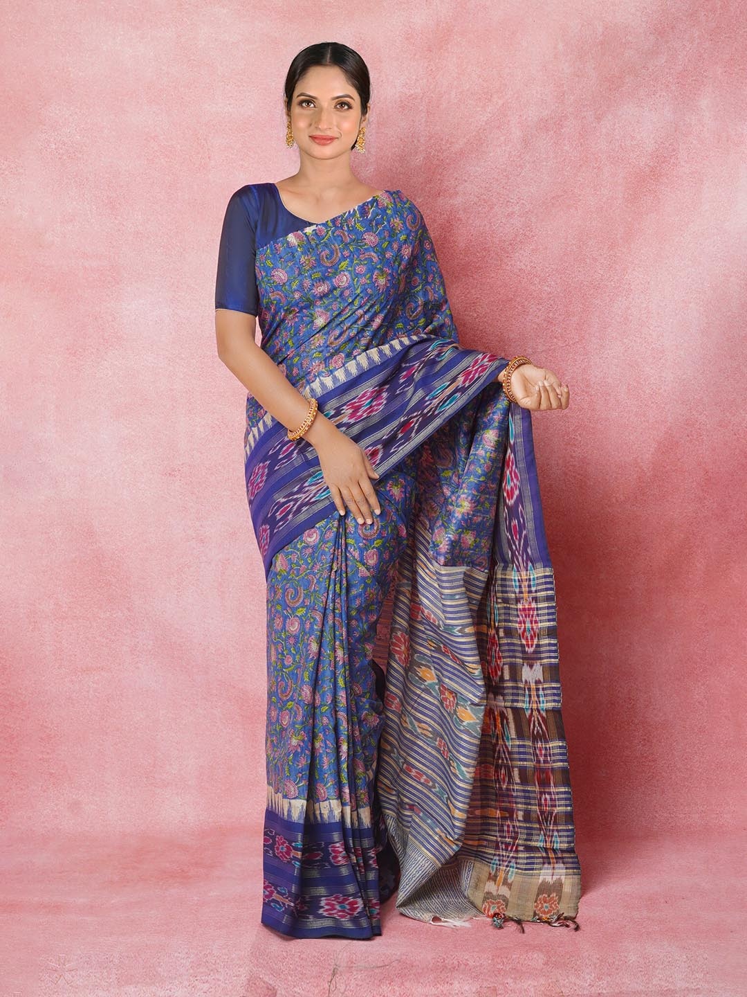

Unnati Silks Blue Ethnic Motifs Hand Block Printed Pure Silk Handloom Tussar Saree