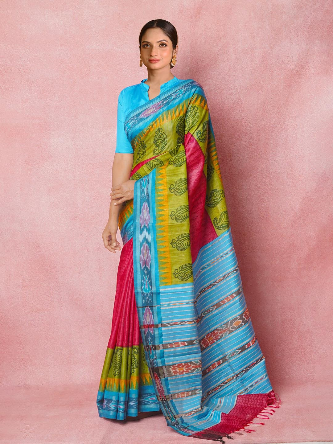 

Unnati Silks Ethnic Motifs Hand Block Printed Pure Silk Handloom Tussar Saree, Pink
