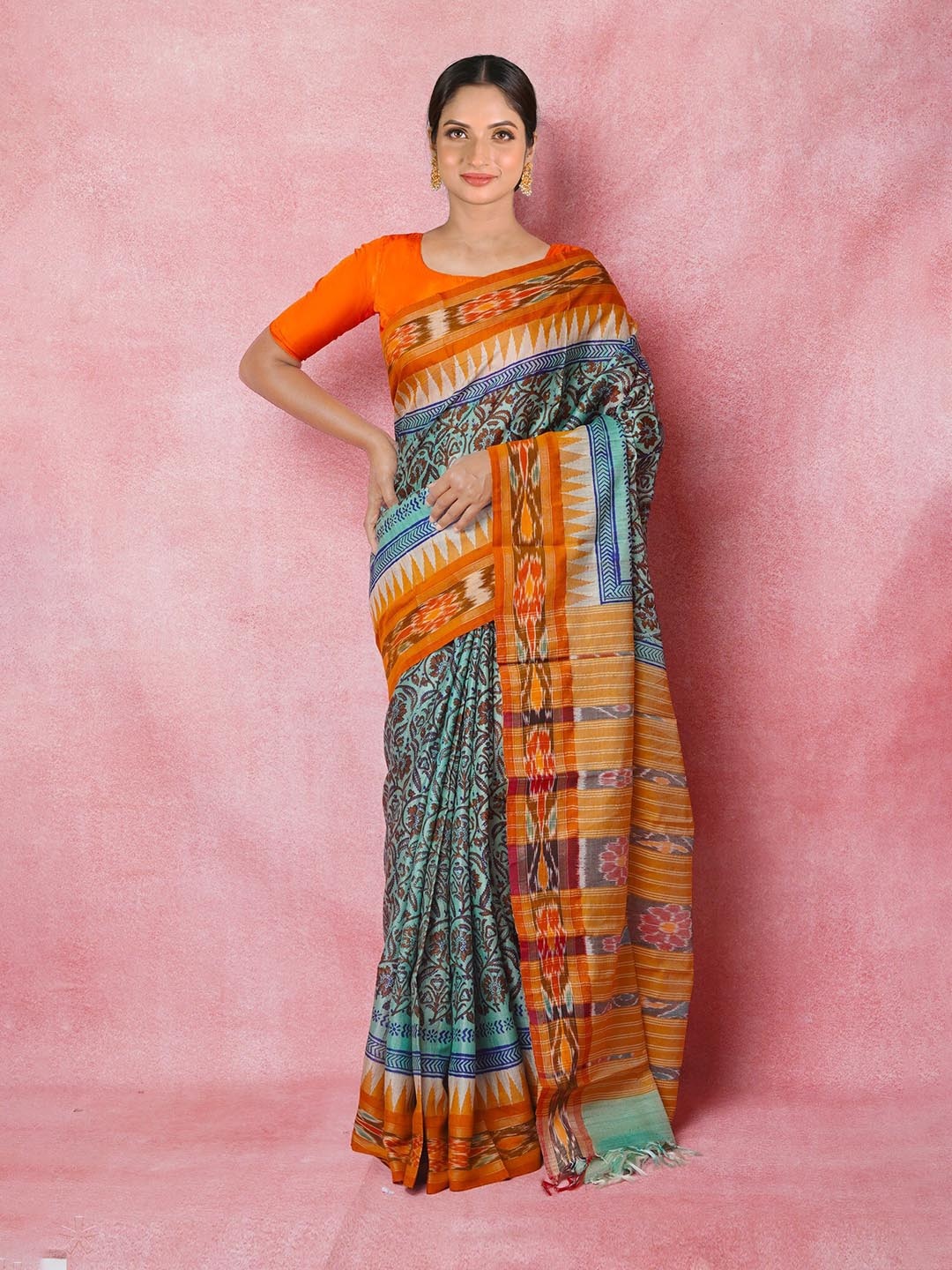 

Unnati Silks Ethnic Motifs Hand Block Printed Pure Silk Handloom Tussar Saree, Blue