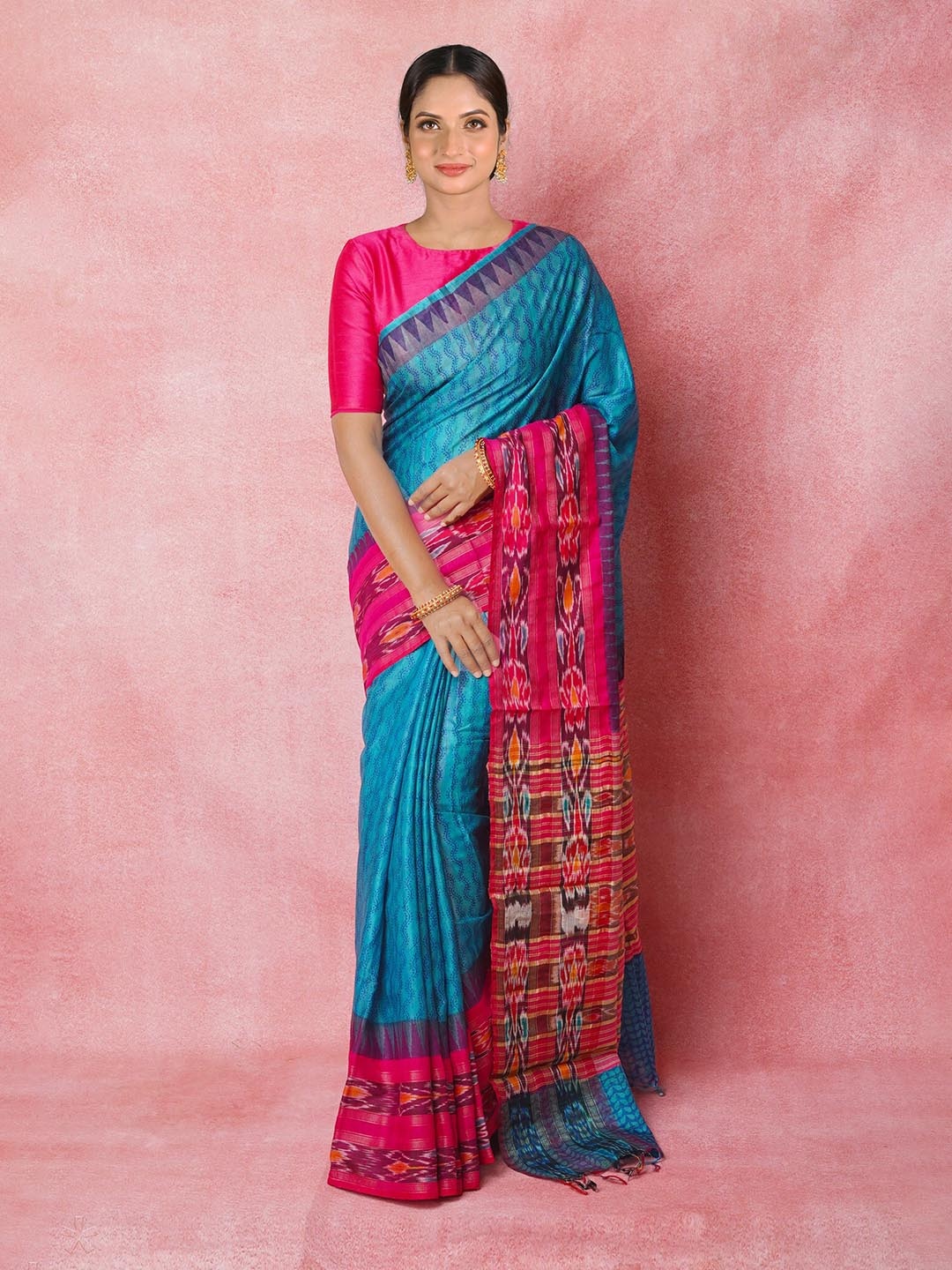 

Unnati Silks Ethnic Motifs Printed Zari Pure Silk Handloom Tussar Saree, Blue
