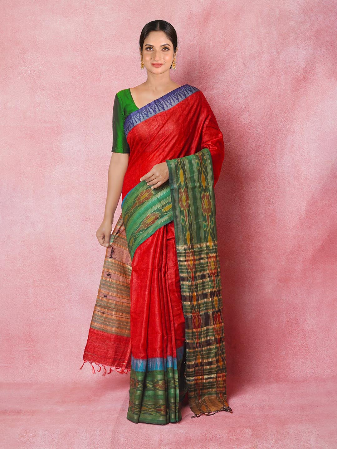 

Unnati Silks Ethnic Motifs Printed Zari Pure Silk Handloom Tussar Saree, Red