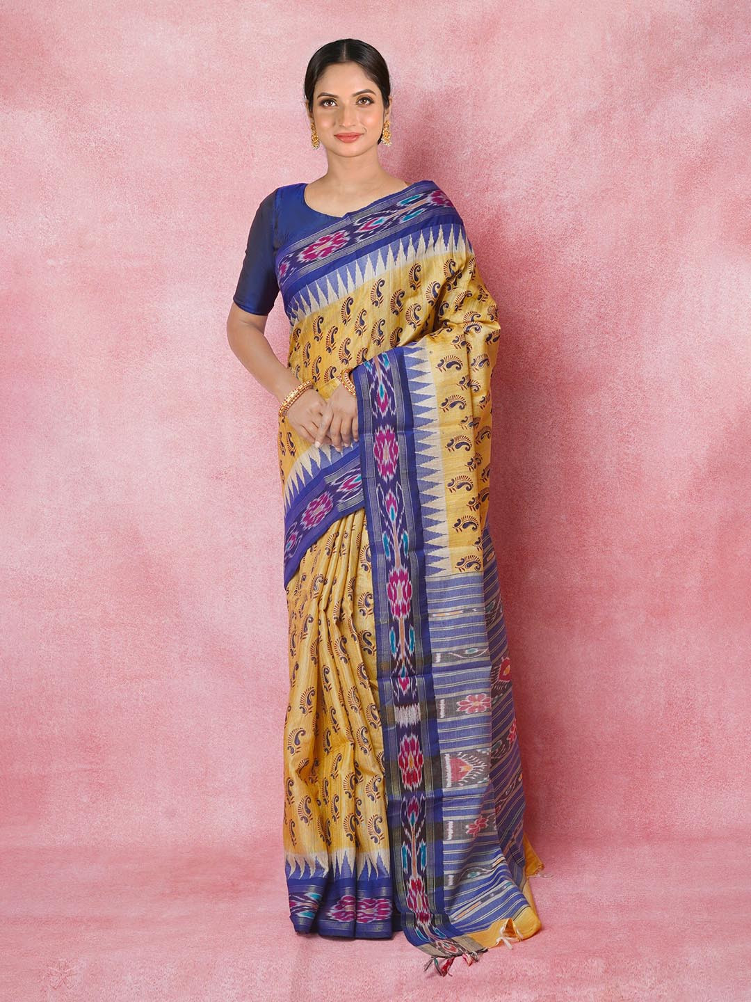 

Unnati Silks Ethnic Motifs Printed Zari Pure Silk Handloom Tussar Saree, Cream