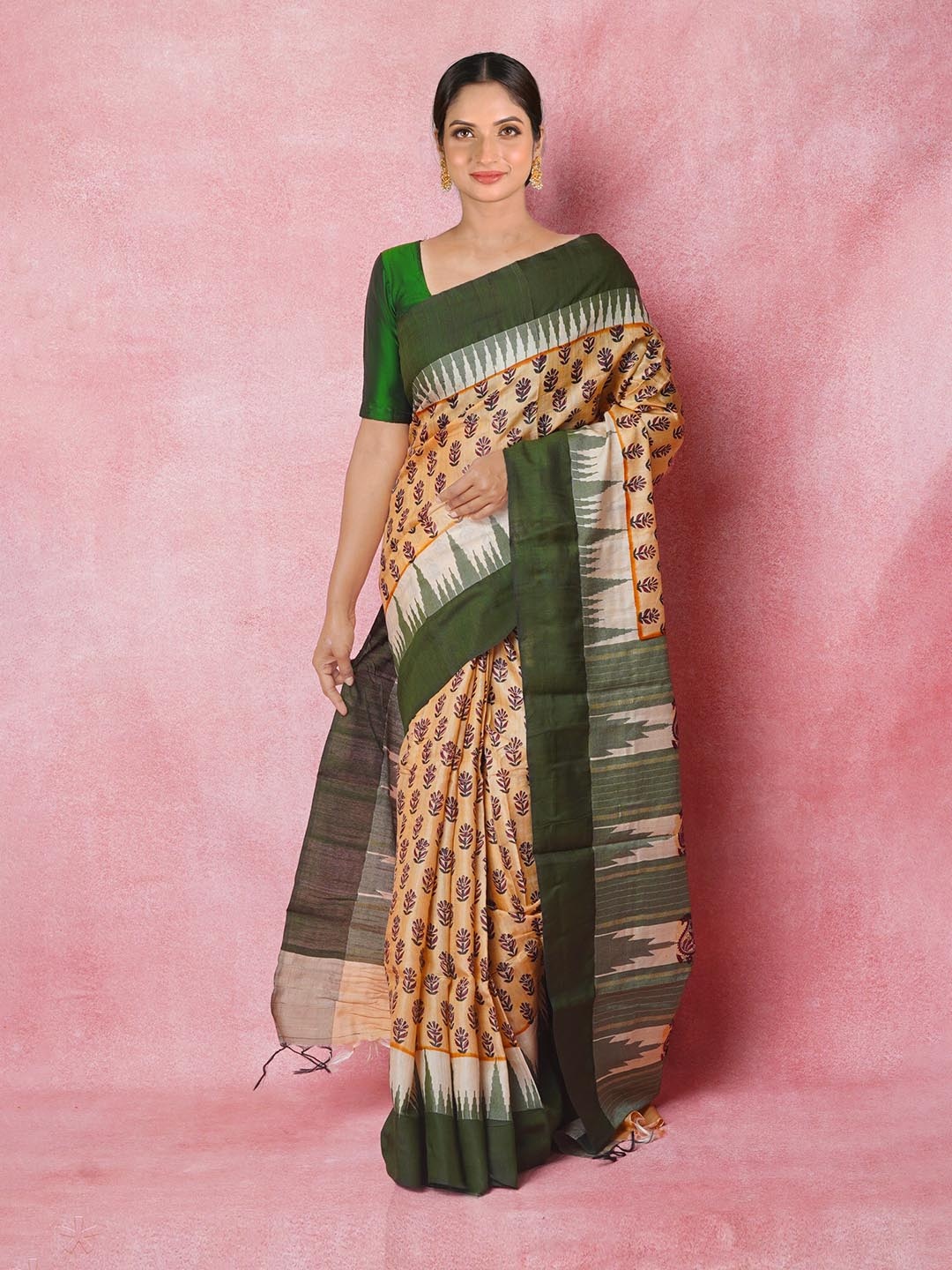 

Unnati Silks Ethnic Motifs Printed Zari Pure Silk Handloom Tussar Saree, Cream