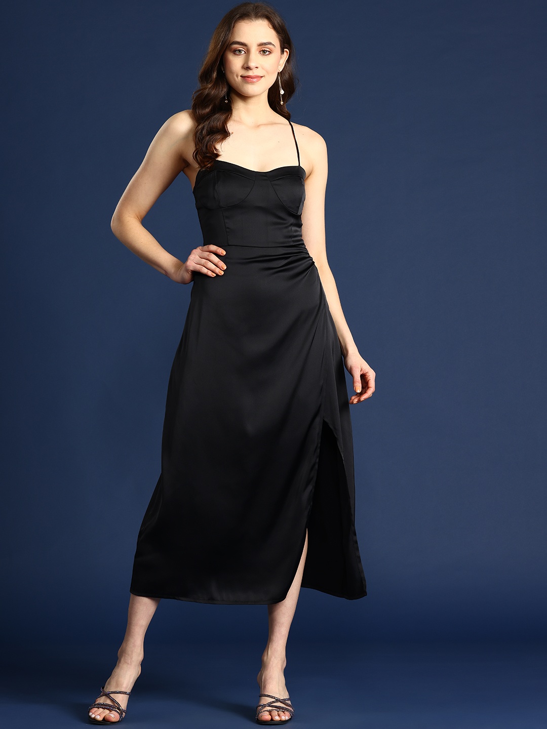 

Mast & Harbour Side Slit Smocked Back A-Line Midi Dress, Black