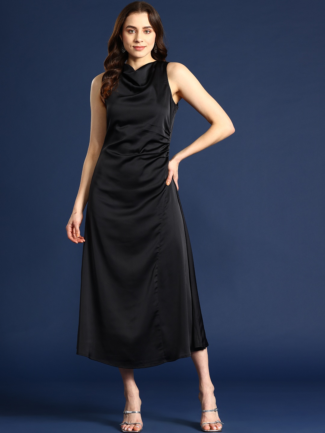 

Mast & Harbour Side Slit Cowl Neck A-Line Midi Dress, Black
