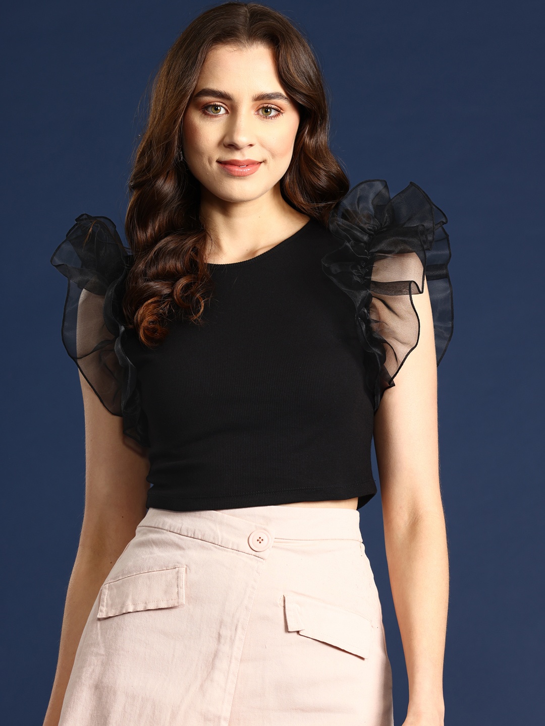 

Mast & Harbour Ribbed Flutter Sleeves Crop Top, Black