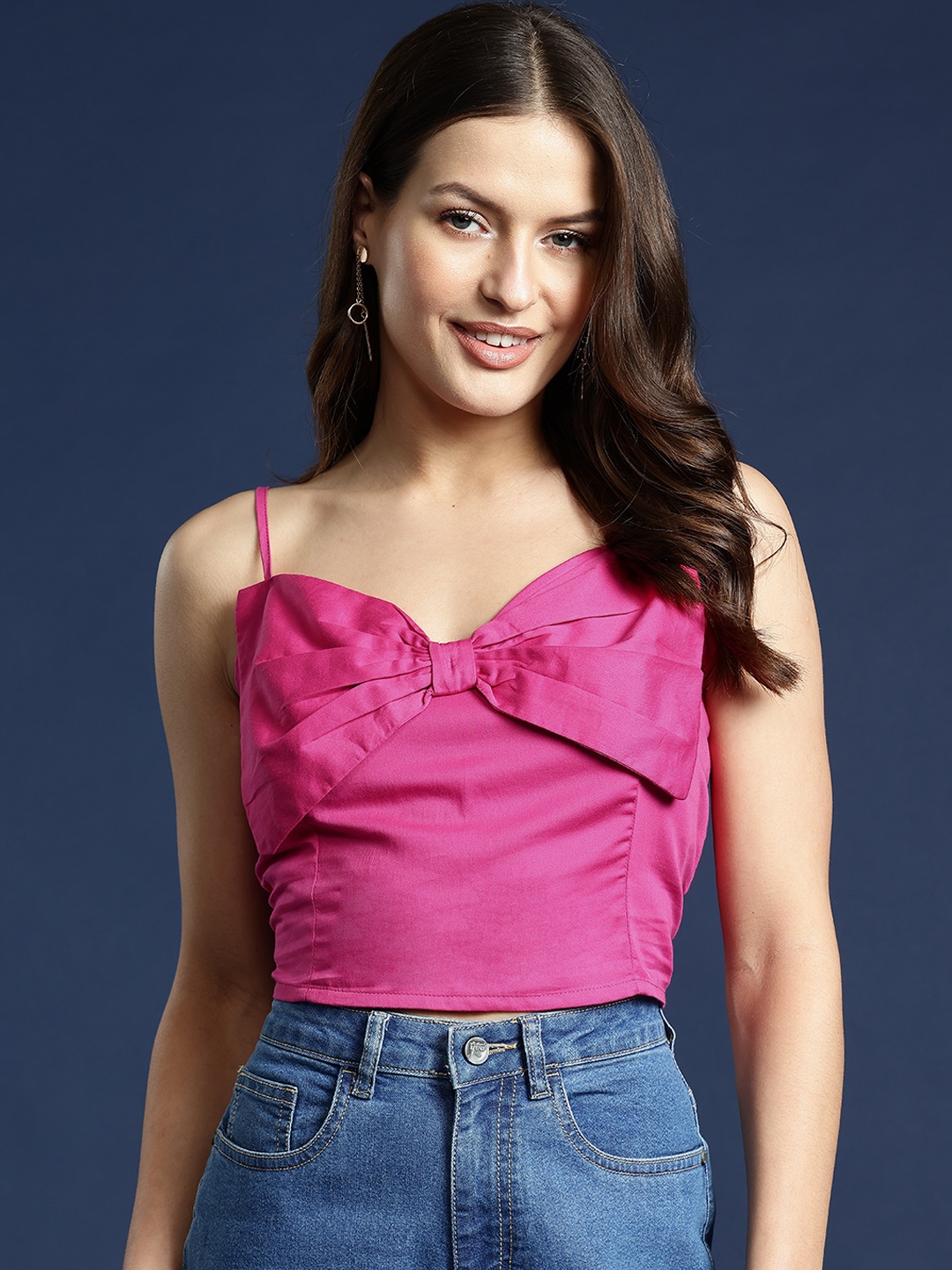 

Mast & Harbour Front Bow Smocked Back Cotton Crop Top, Magenta