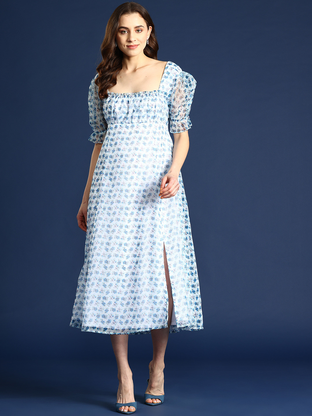

Mast & Harbour Floral Print Organza Empire Midi Dress, Blue